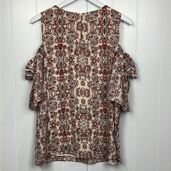 Gibson & Larimer Womens Top/Tunic L Orange/Cream Cold Shoulder Ruffles Unique - Picture 8 of 14
